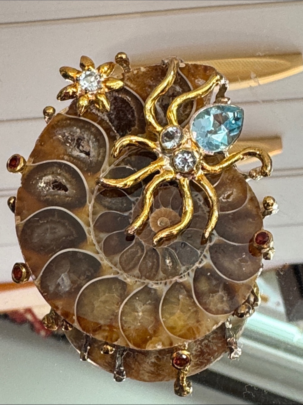 Gold-Tone Ammonite Shell Brooch Fossil with Blue Crystal Accent Pendant